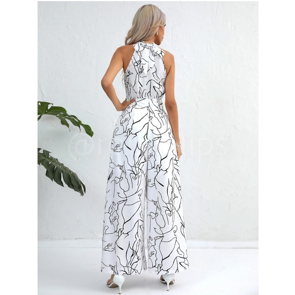Abstract Print Black on White Long Wide Leg Halter Jumpsuit - Picture 2 of 7